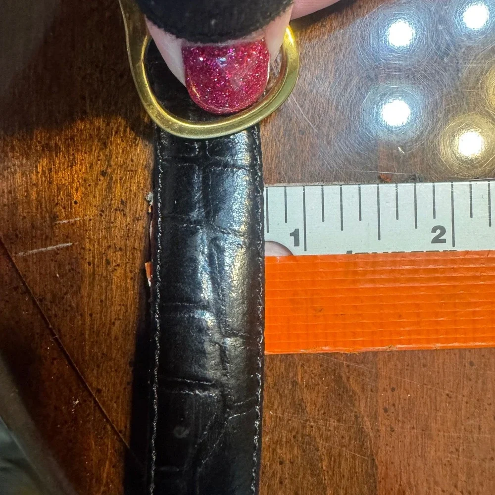 Vintage Black Croc Genuine Embossed Leather Belt Solid Brass Oval Buckle Size ML